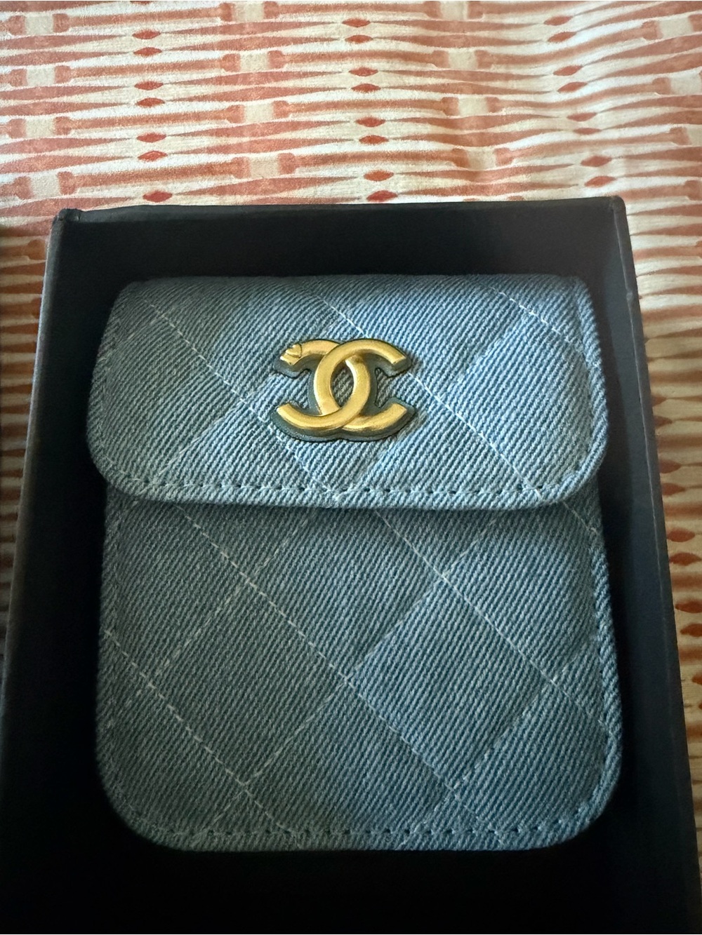 GWP Quilted Denim Card & Key Holder in Light Blue with Gold CC